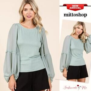 Mittoshop Mixed Media Textured Knit Chiffon Long Balloon Sleeves Blouse | Sage